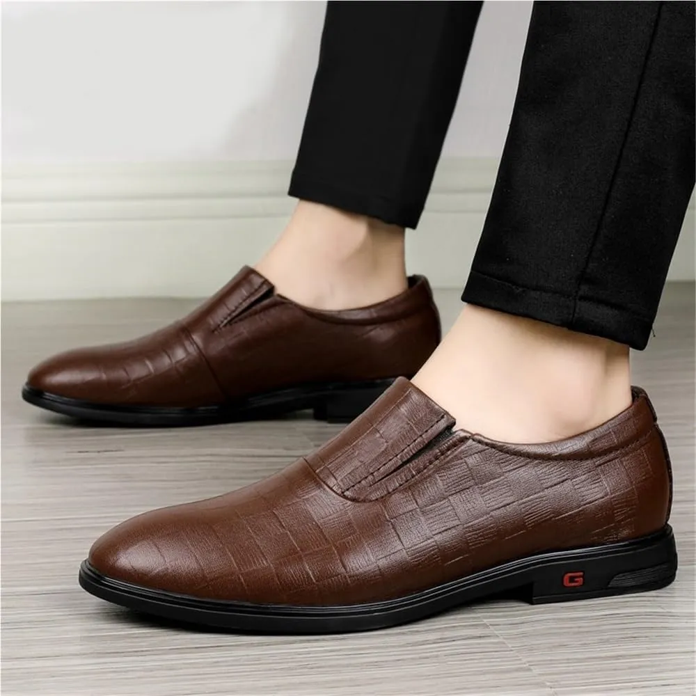 Vintage Brown Leather Loafers for Men Slip On Casual Dress Shoes Wedding Business Comfortable Trendy Checkered Flats