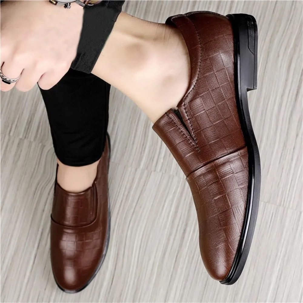 Vintage Brown Leather Loafers for Men Slip On Casual Dress Shoes Wedding Business Comfortable Trendy Checkered Flats