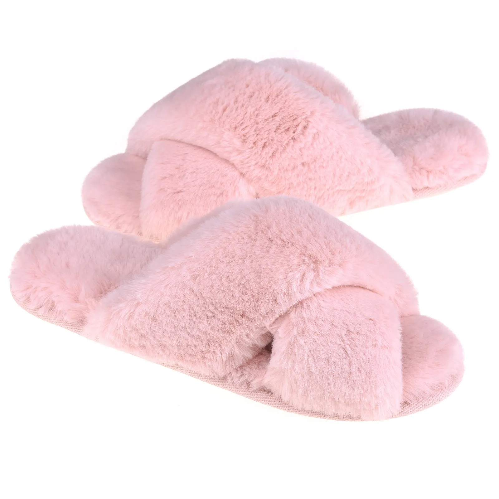 VONMAY Fuzzy Slides for Women Cross Band Faux Fur Open Toe Slippers with Soft Comfy Memory Foam Plush Fluffy Slip On Cozy Anti-Slip House Shoes