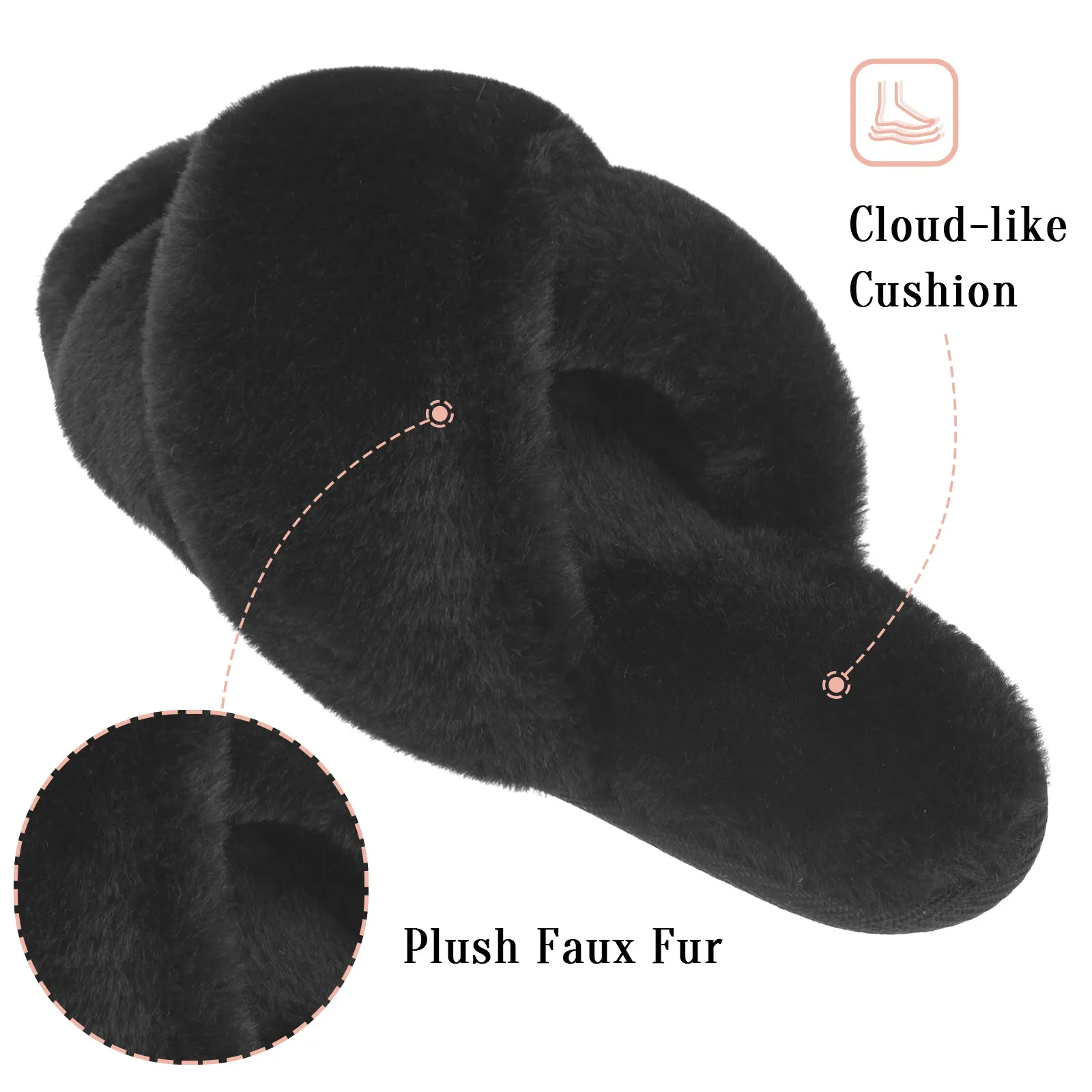 VONMAY Fuzzy Slides for Women Cross Band Faux Fur Open Toe Slippers with Soft Comfy Memory Foam Plush Fluffy Slip On Cozy Anti-Slip House Shoes