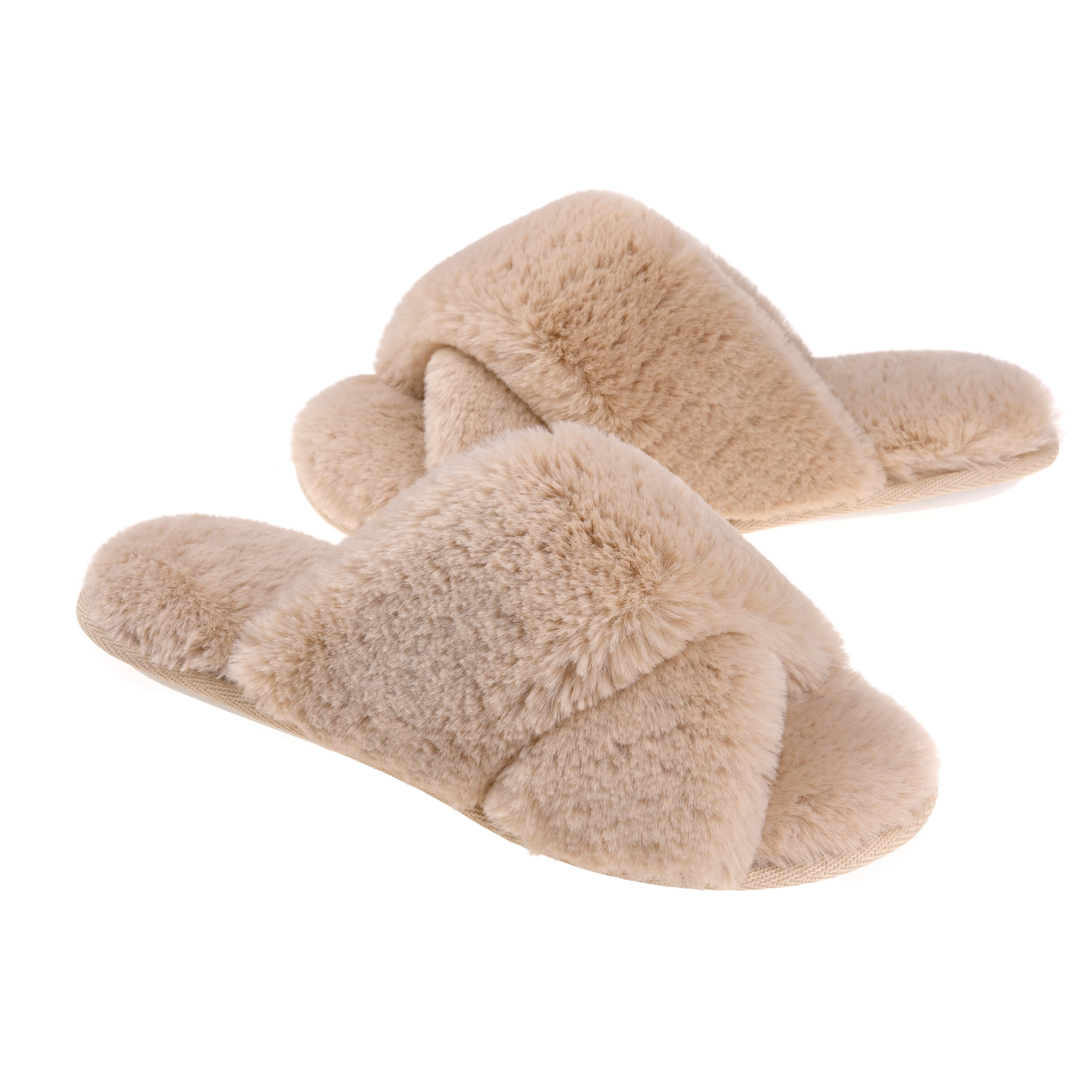 VONMAY Fuzzy Slides for Women Cross Band Faux Fur Open Toe Slippers with Soft Comfy Memory Foam Plush Fluffy Slip On Cozy Anti-Slip House Shoes