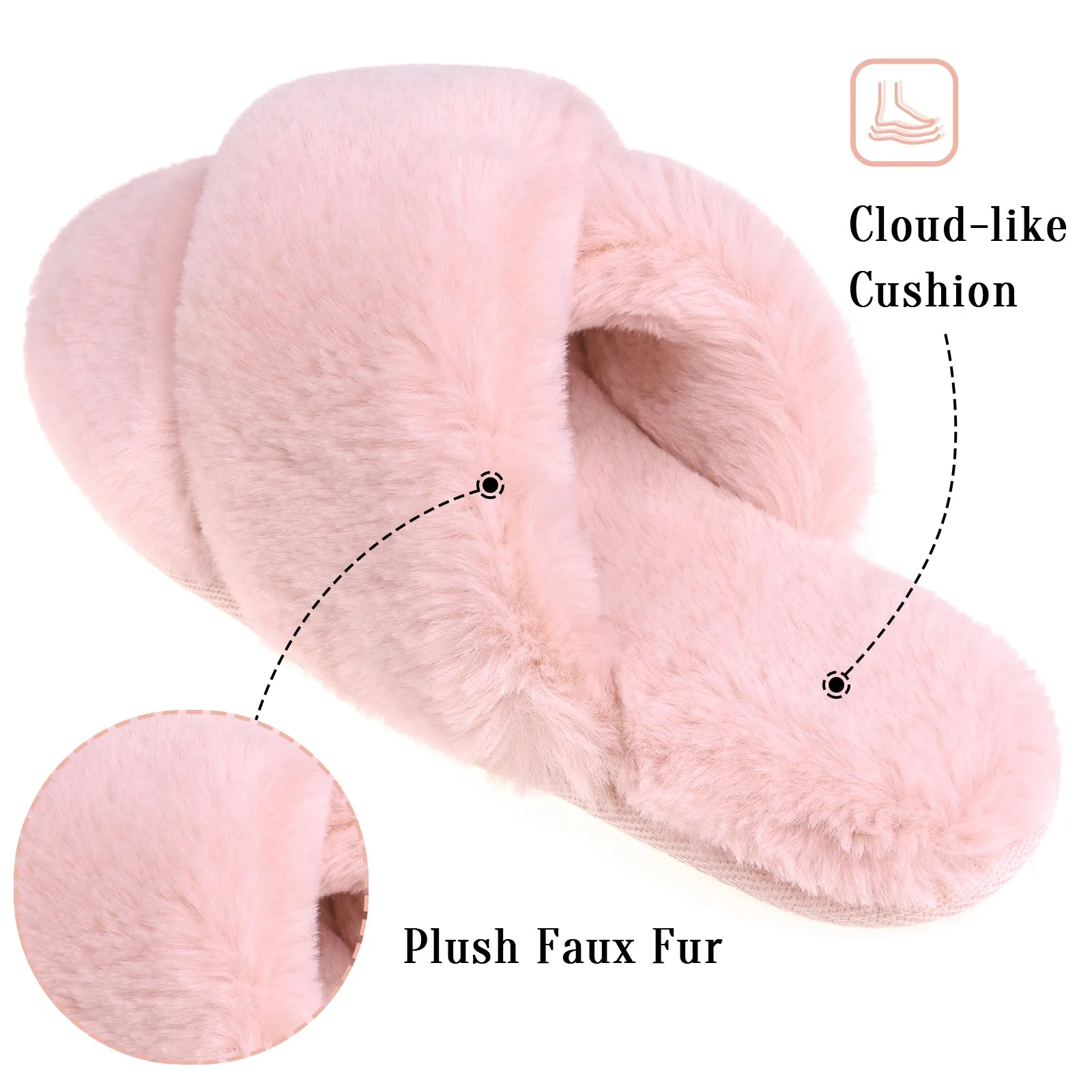 VONMAY Fuzzy Slides for Women Cross Band Faux Fur Open Toe Slippers with Soft Comfy Memory Foam Plush Fluffy Slip On Cozy Anti-Slip House Shoes