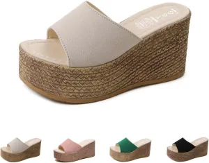 WENOREG Women's Open Toe Platform Wedges Sandals,Summer Fish Mouth Causal Wide Outdoor Beach Travel Slip-On Bohemian Wedges Sandals Slippers