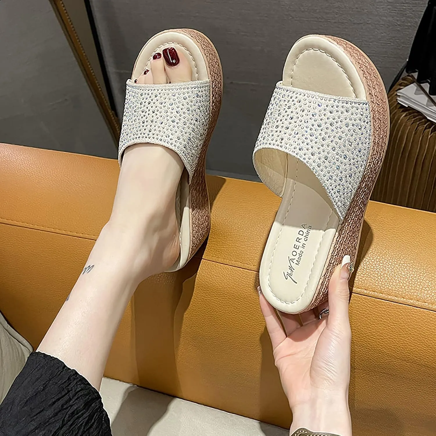WENOREG Women's Open Toe Platform Wedges Sandals,Summer Fish Mouth Causal Wide Outdoor Beach Travel Slip-On Bohemian Wedges Sandals Slippers