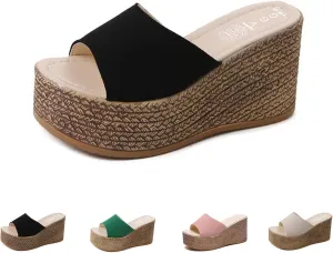 WENOREG Women's Open Toe Platform Wedges Sandals,Summer Fish Mouth Causal Wide Outdoor Beach Travel Slip-On Bohemian Wedges Sandals Slippers