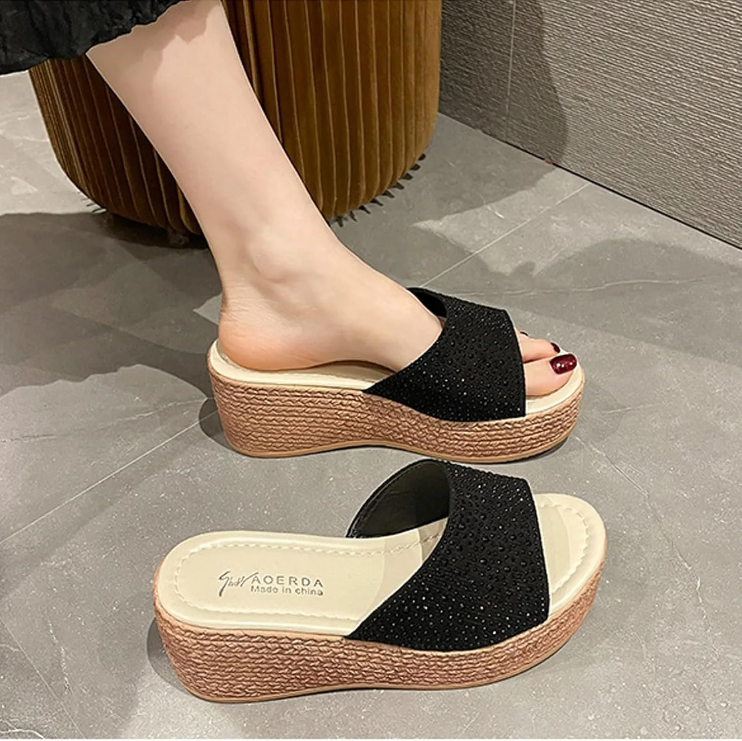 WENOREG Women's Open Toe Platform Wedges Sandals,Summer Fish Mouth Causal Wide Outdoor Beach Travel Slip-On Bohemian Wedges Sandals Slippers