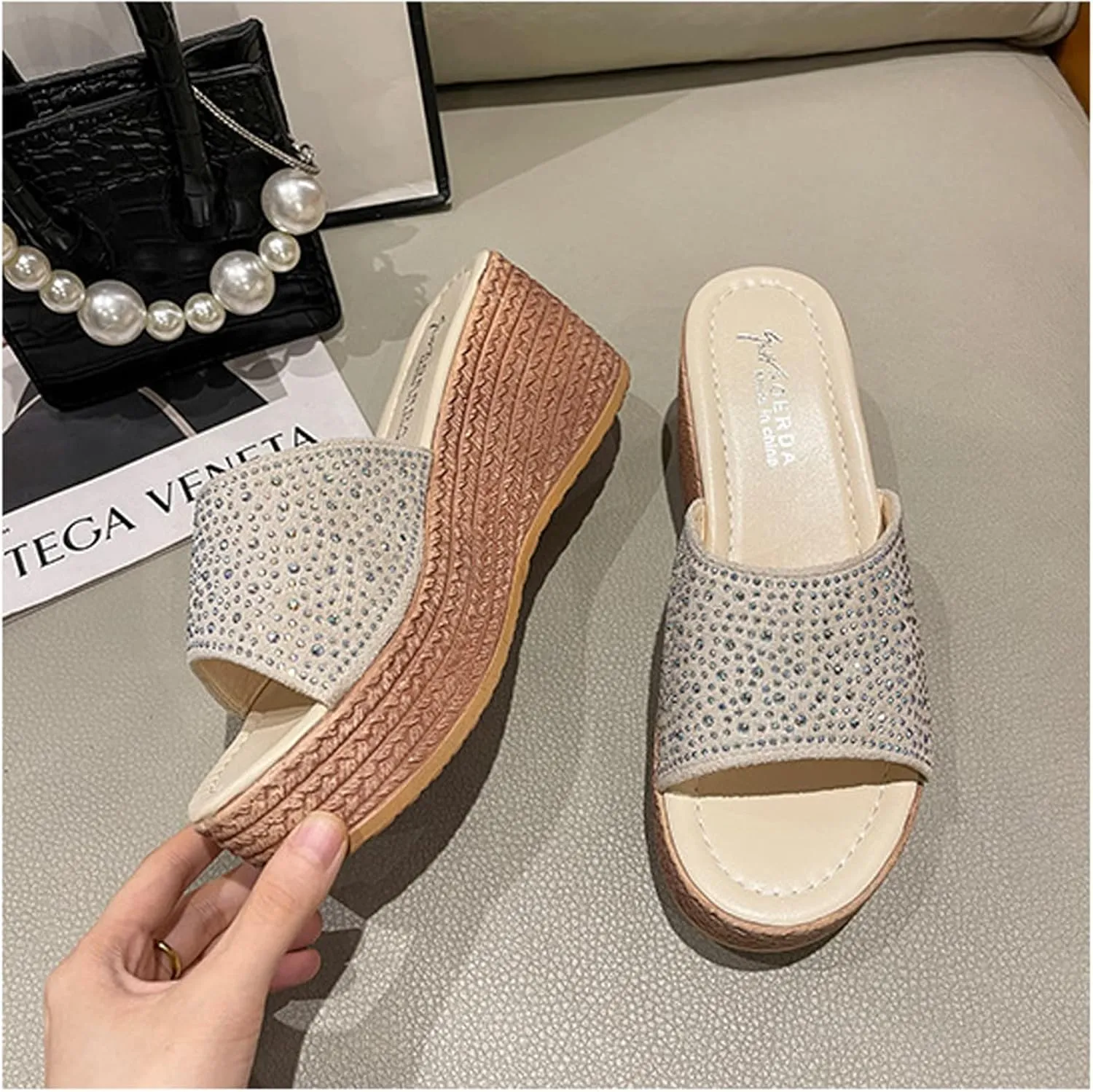 WENOREG Women's Open Toe Platform Wedges Sandals,Summer Fish Mouth Causal Wide Outdoor Beach Travel Slip-On Bohemian Wedges Sandals Slippers