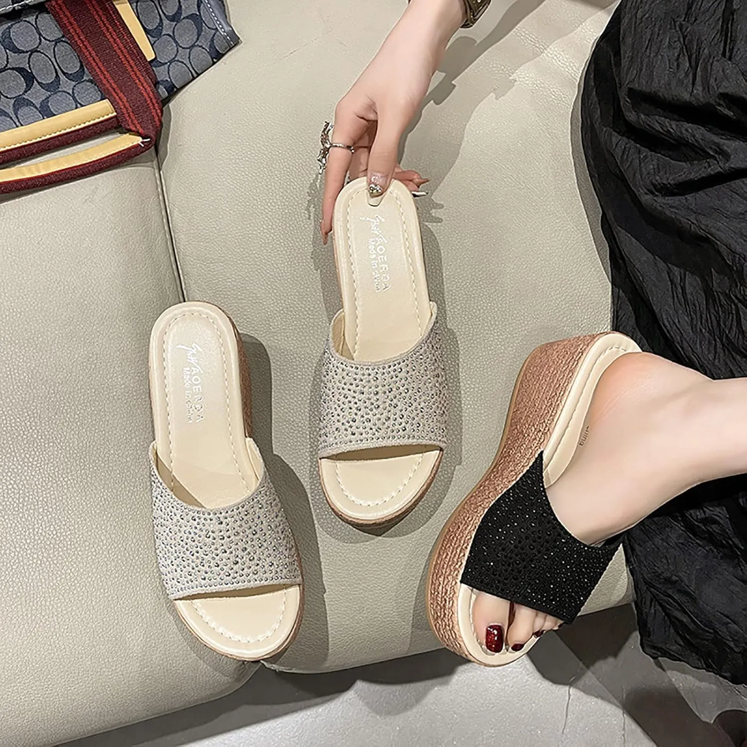 WENOREG Women's Open Toe Platform Wedges Sandals,Summer Fish Mouth Causal Wide Outdoor Beach Travel Slip-On Bohemian Wedges Sandals Slippers
