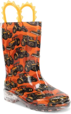 Western Chief Kids Waterproof Light Up Rain Boots With Handles for Easy On and Off for Boys and Girls, Tractors, 7