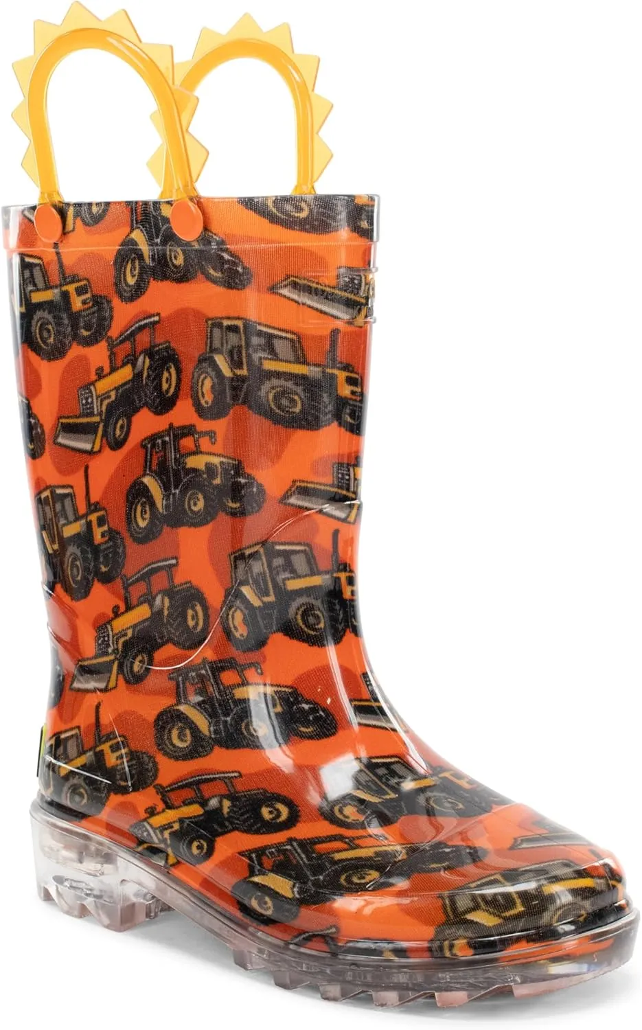 Western Chief Kids Waterproof Light Up Rain Boots With Handles for Easy On and Off for Boys and Girls, Tractors, 7