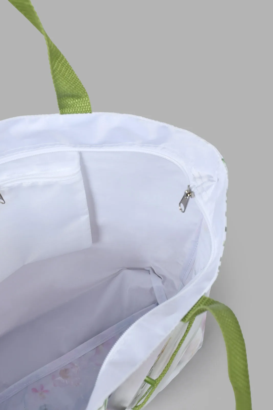White And Green Printed Beach Bag With Flip Flop (2 Piece)
