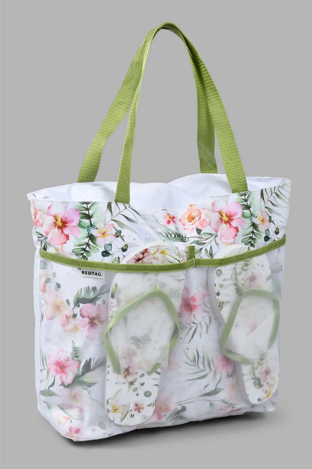 White And Green Printed Beach Bag With Flip Flop (2 Piece)