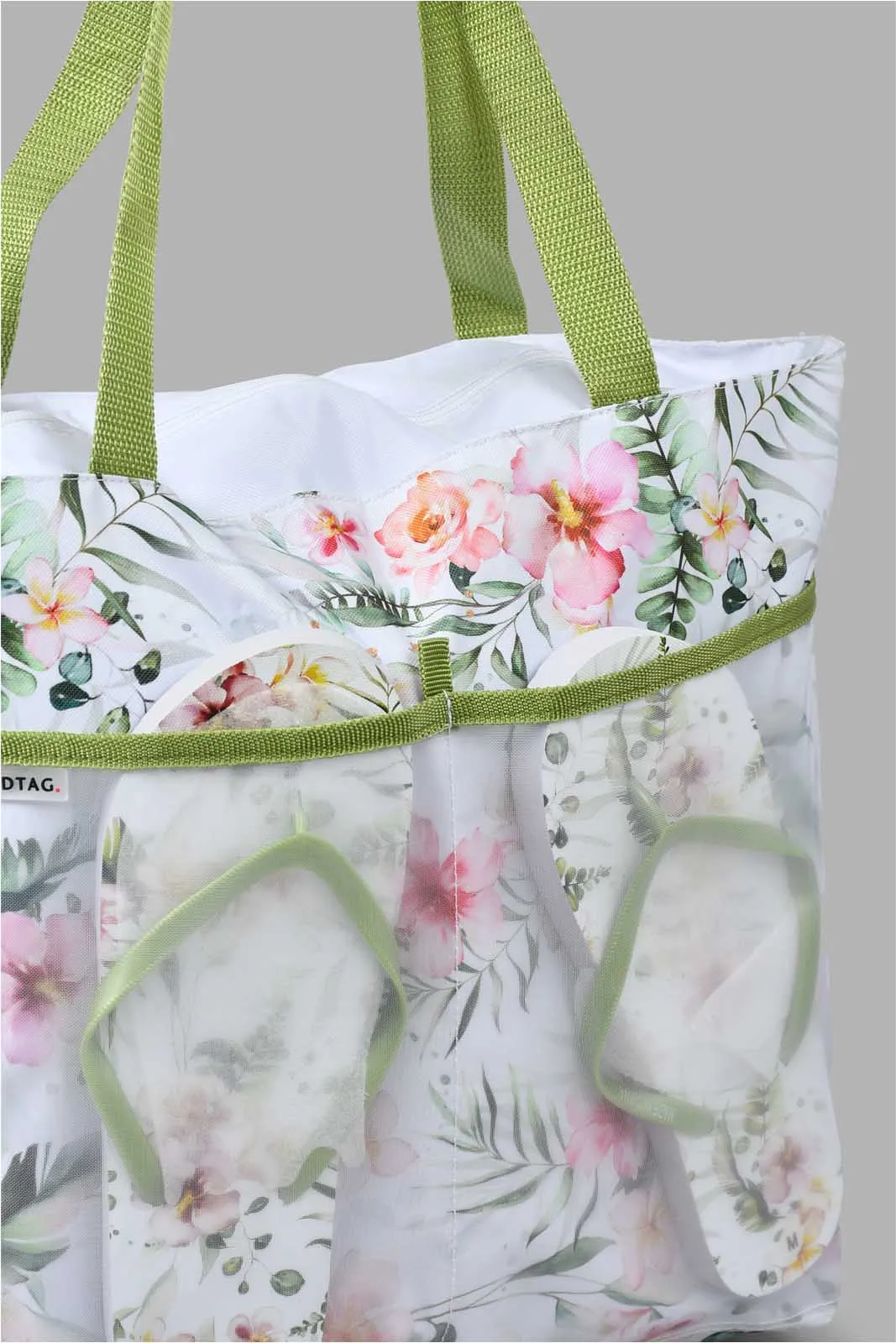 White And Green Printed Beach Bag With Flip Flop (2 Piece)