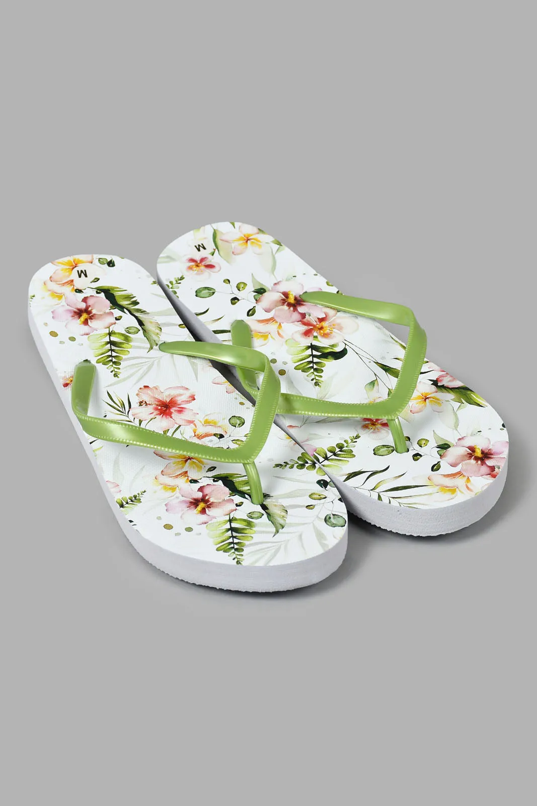 White And Green Printed Beach Bag With Flip Flop (2 Piece)