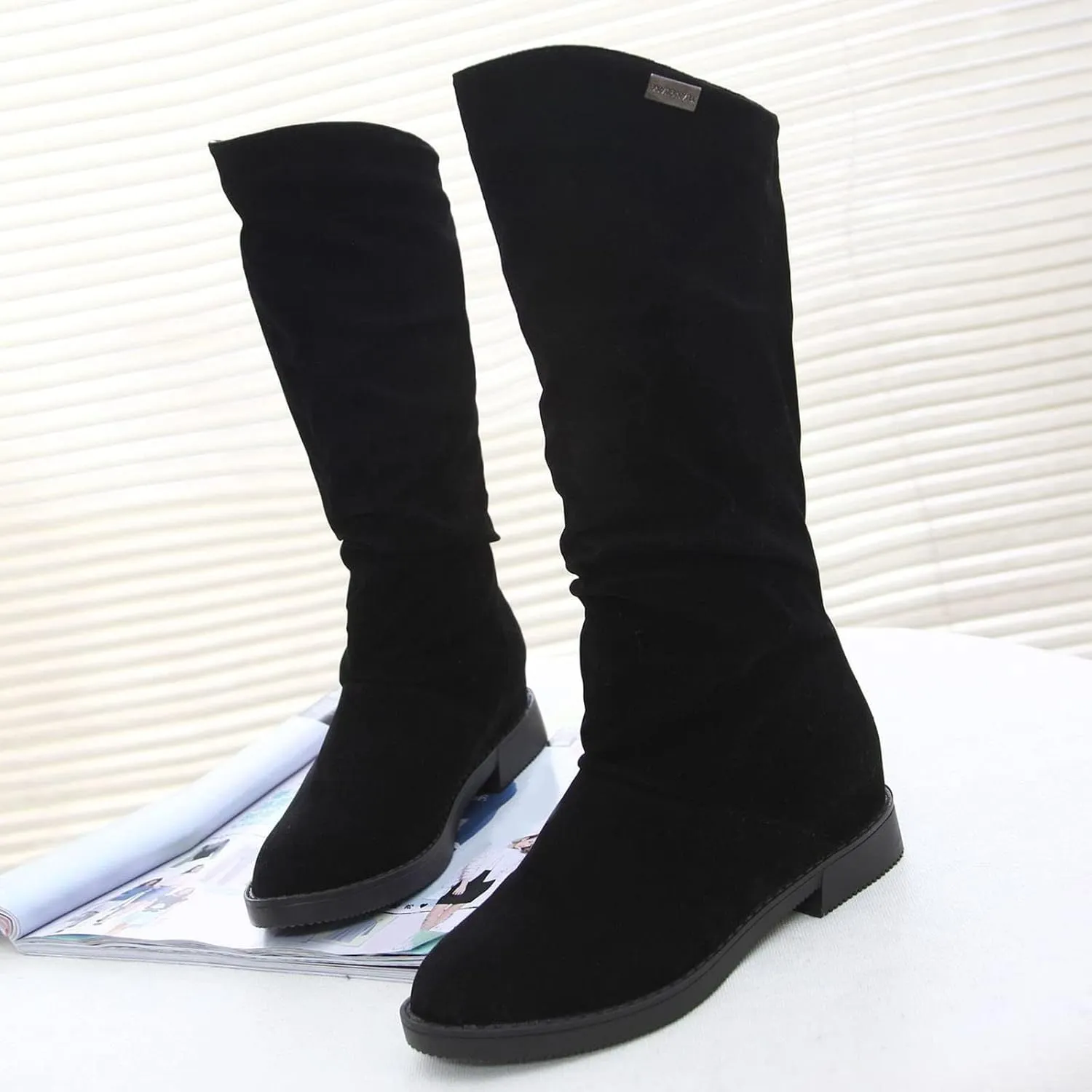 White Cowgirl Boots Suede Flats Thigh High Boots Pull On Knee High Boots Mid Calf Fall Winter Warm Boots