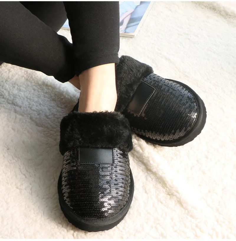 Winter Sequined Women Slippers Fur Plush Ladies Balck House Shoes