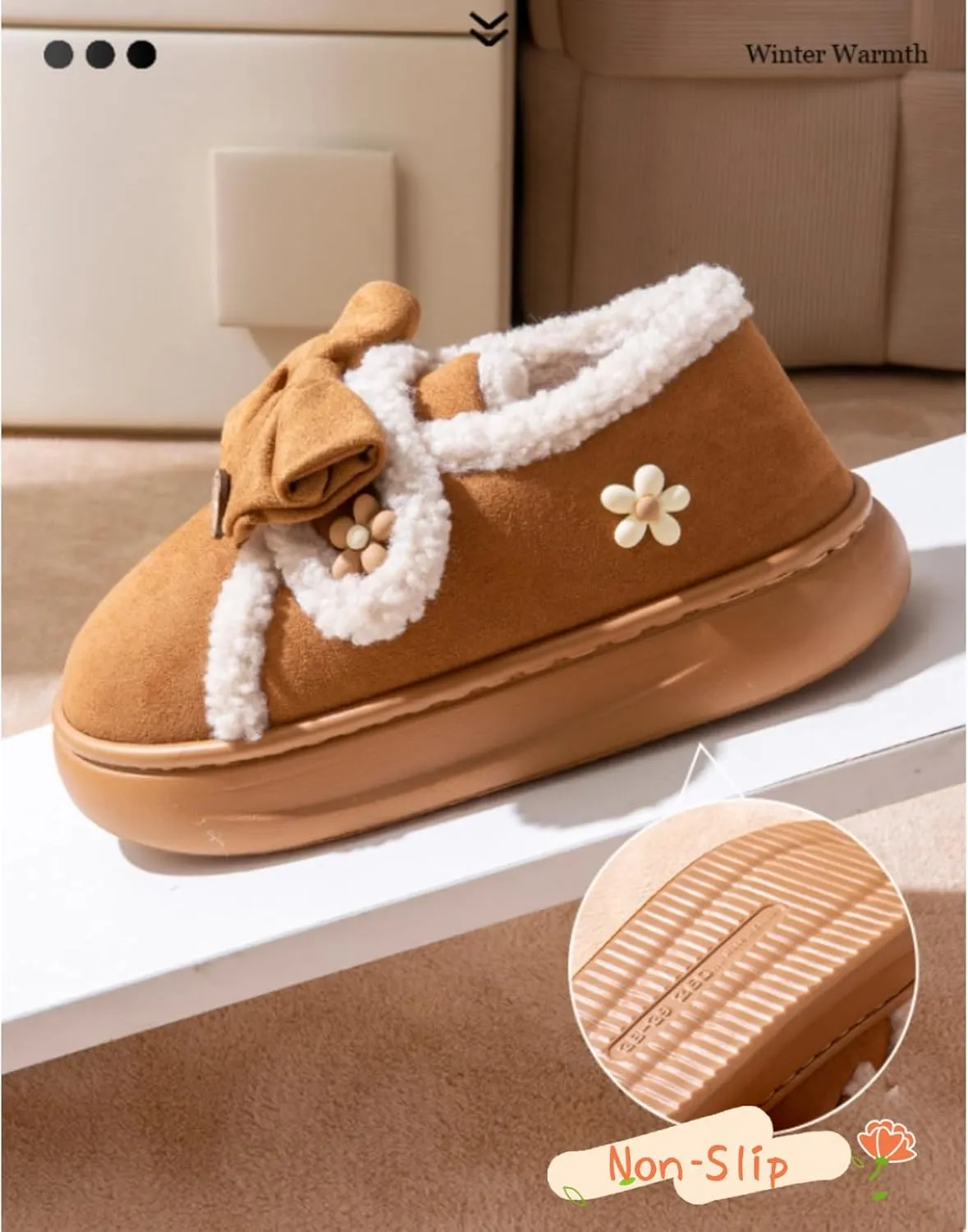 Women Flower Bow Hook and Loop Slippers Cotton Warm Plush Lined Furry Easy Non-Slip Walking Shoes Cozy Indoor Outdoor