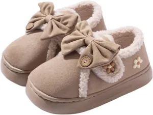 Women Flower Bow Hook and Loop Slippers Cotton Warm Plush Lined Furry Easy Non-Slip Walking Shoes Cozy Indoor Outdoor