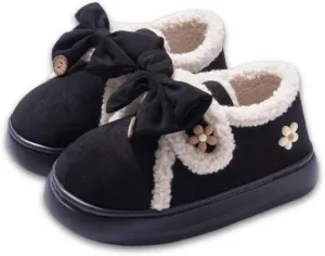 Women Flower Bow Hook and Loop Slippers Cotton Warm Plush Lined Furry Easy Non-Slip Walking Shoes Cozy Indoor Outdoor