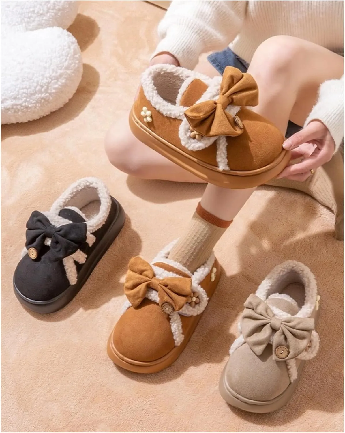 Women Flower Bow Hook and Loop Slippers Cotton Warm Plush Lined Furry Easy Non-Slip Walking Shoes Cozy Indoor Outdoor