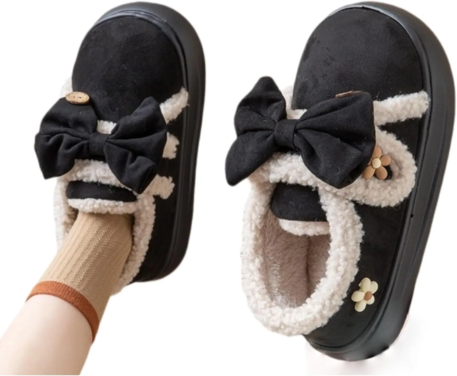 Women Flower Bow Hook and Loop Slippers Cotton Warm Plush Lined Furry Easy Non-Slip Walking Shoes Cozy Indoor Outdoor