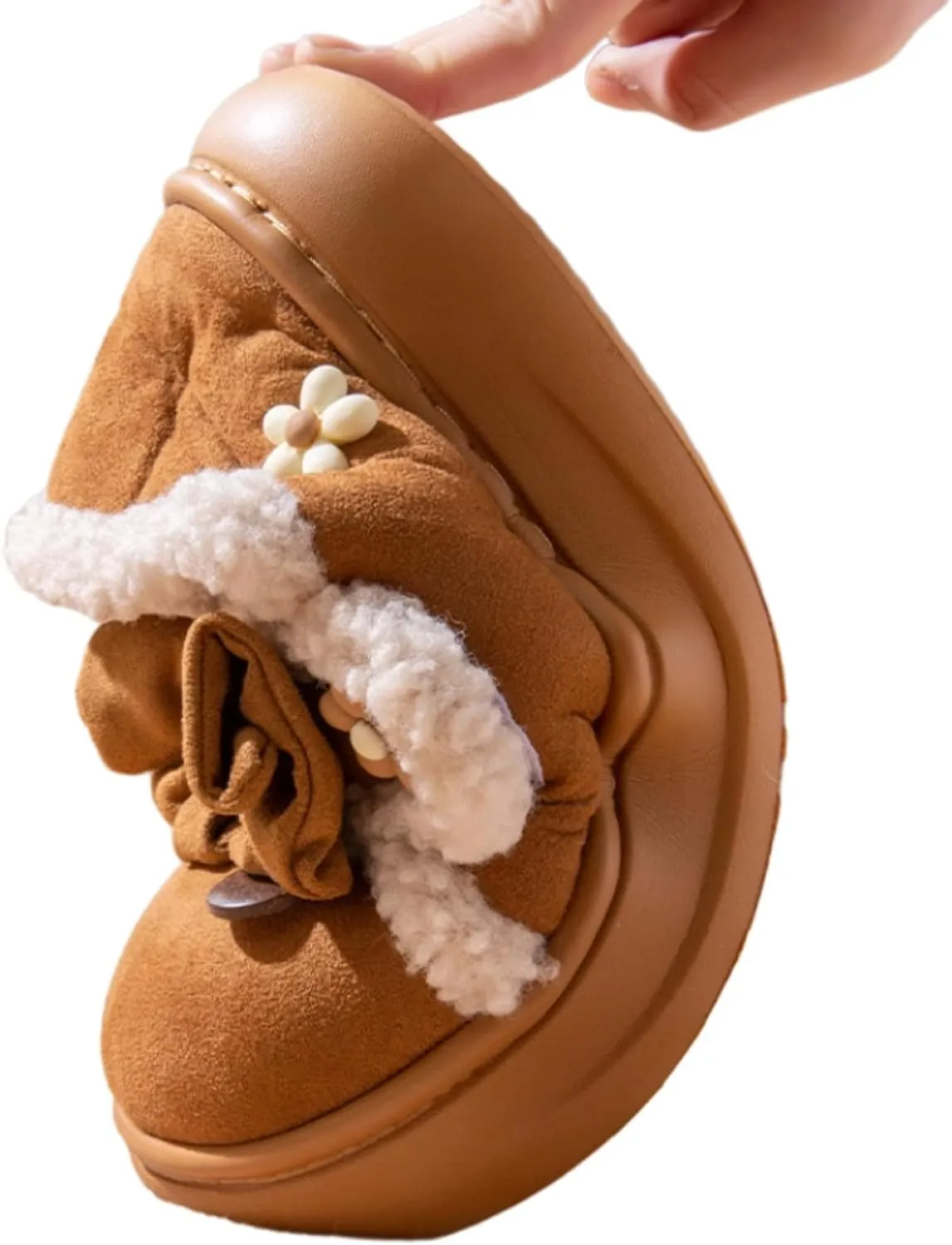 Women Flower Bow Hook and Loop Slippers Cotton Warm Plush Lined Furry Easy Non-Slip Walking Shoes Cozy Indoor Outdoor