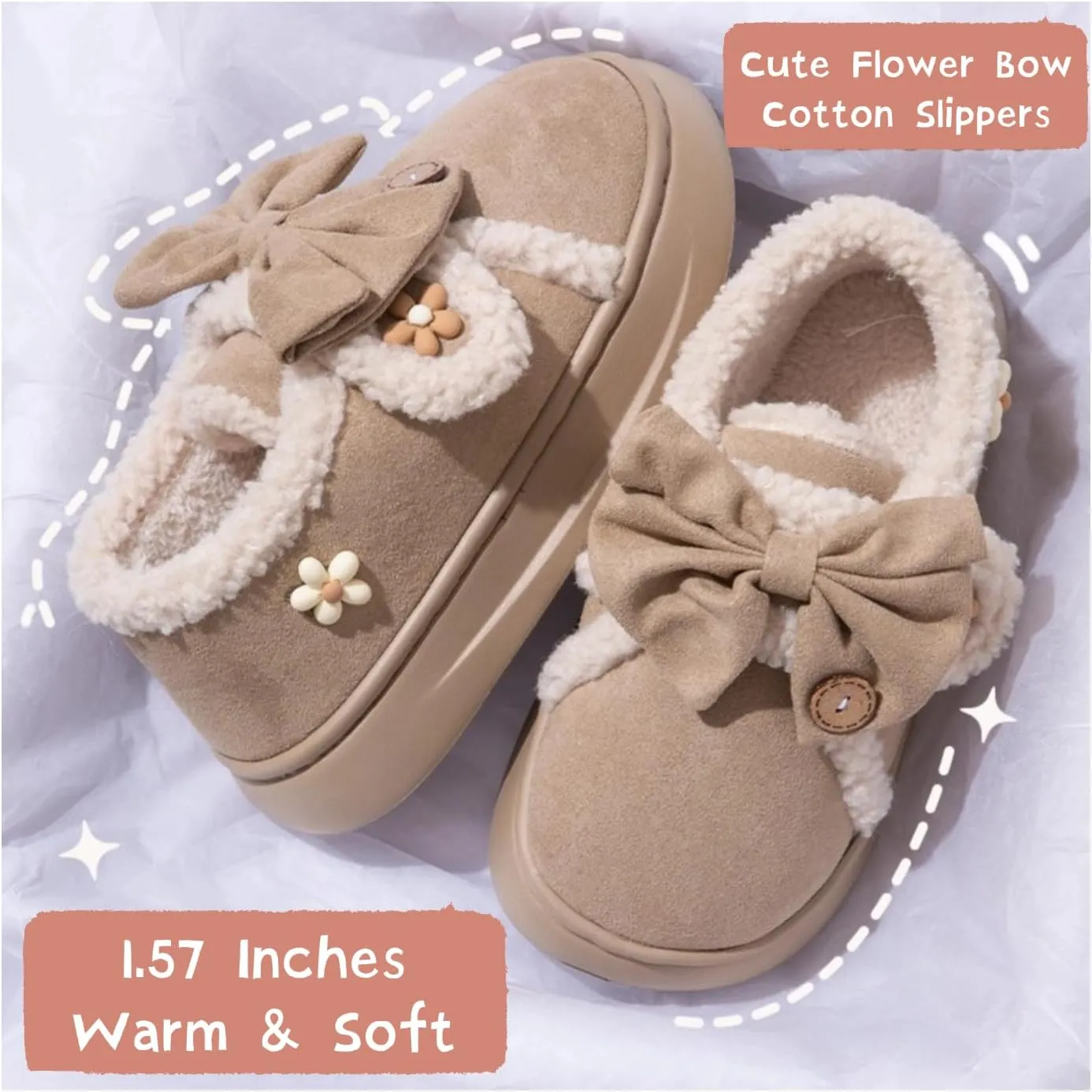 Women Flower Bow Hook and Loop Slippers Cotton Warm Plush Lined Furry Easy Non-Slip Walking Shoes Cozy Indoor Outdoor