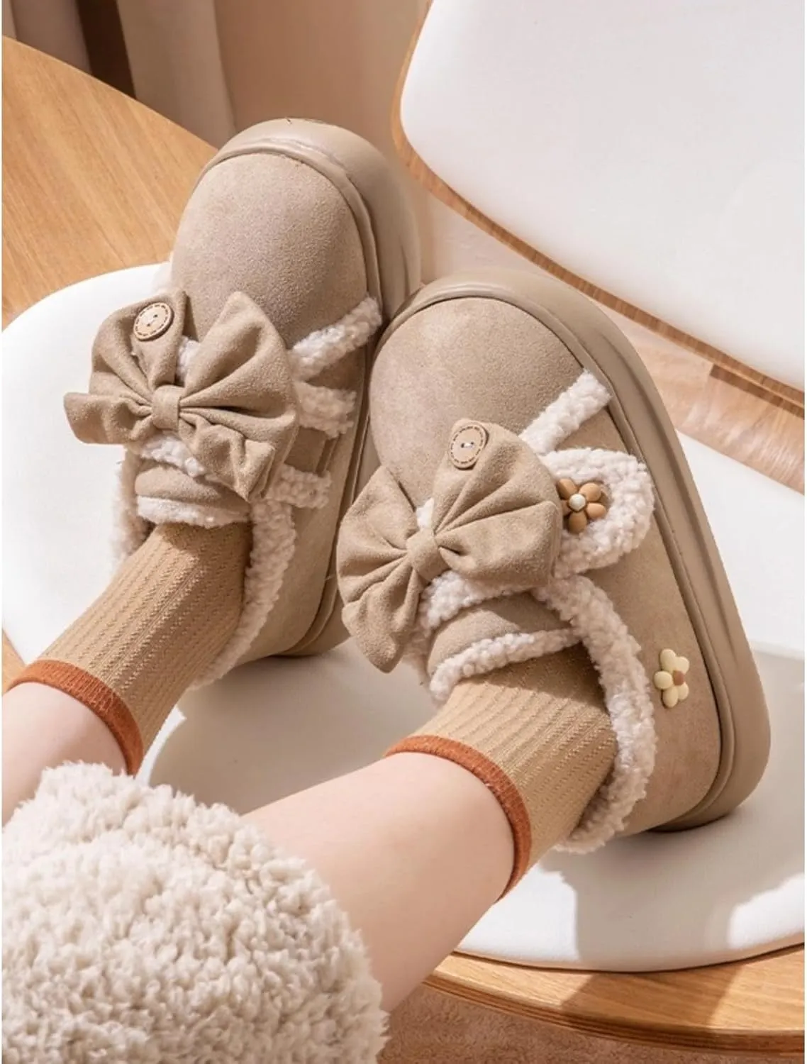 Women Flower Bow Hook and Loop Slippers Cotton Warm Plush Lined Furry Easy Non-Slip Walking Shoes Cozy Indoor Outdoor
