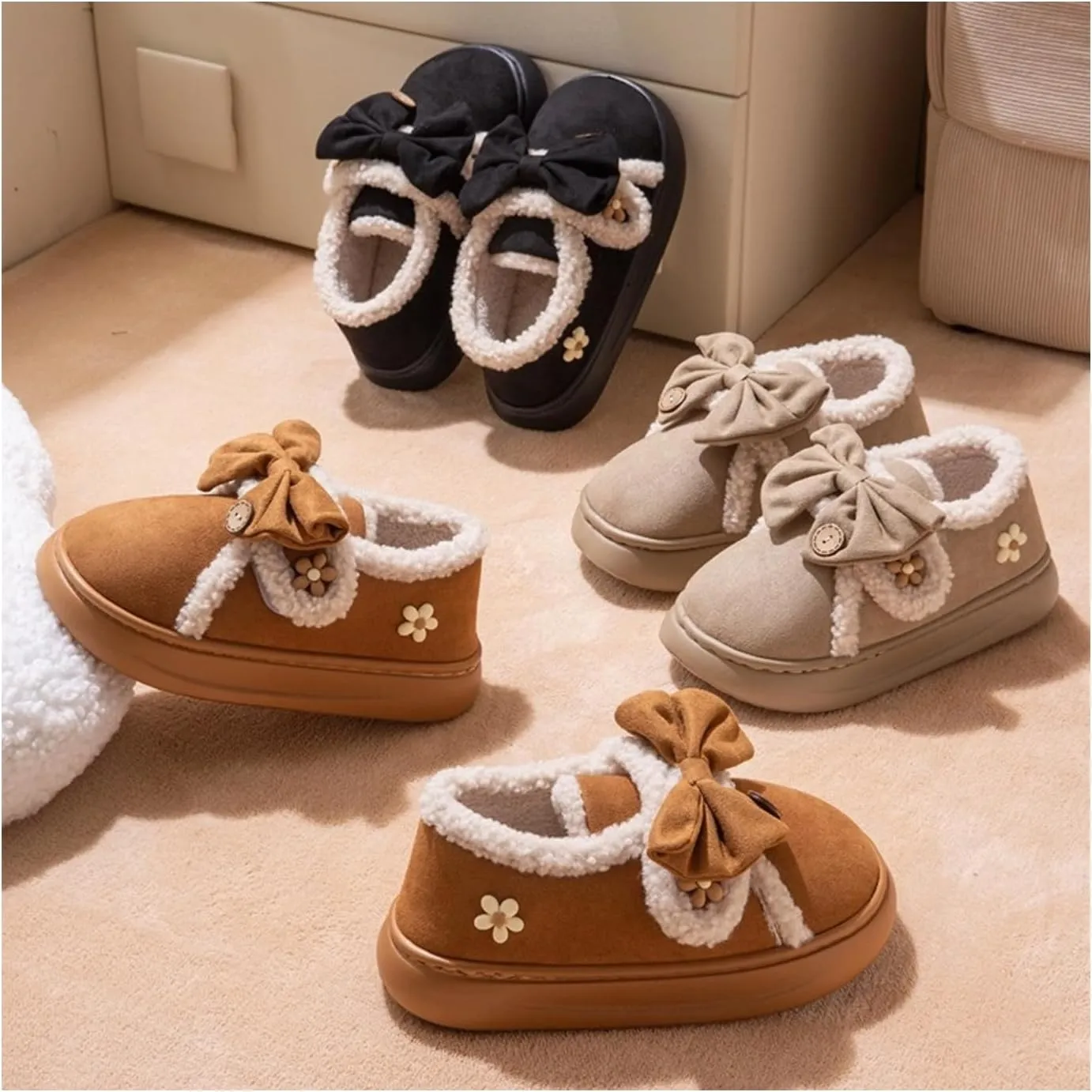 Women Flower Bow Hook and Loop Slippers Cotton Warm Plush Lined Furry Easy Non-Slip Walking Shoes Cozy Indoor Outdoor