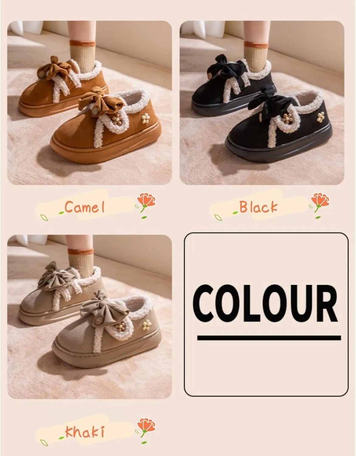 Women Flower Bow Hook and Loop Slippers Cotton Warm Plush Lined Furry Easy Non-Slip Walking Shoes Cozy Indoor Outdoor