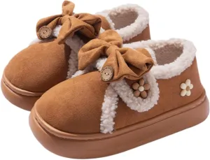 Women Flower Bow Hook and Loop Slippers Cotton Warm Plush Lined Furry Easy Non-Slip Walking Shoes Cozy Indoor Outdoor