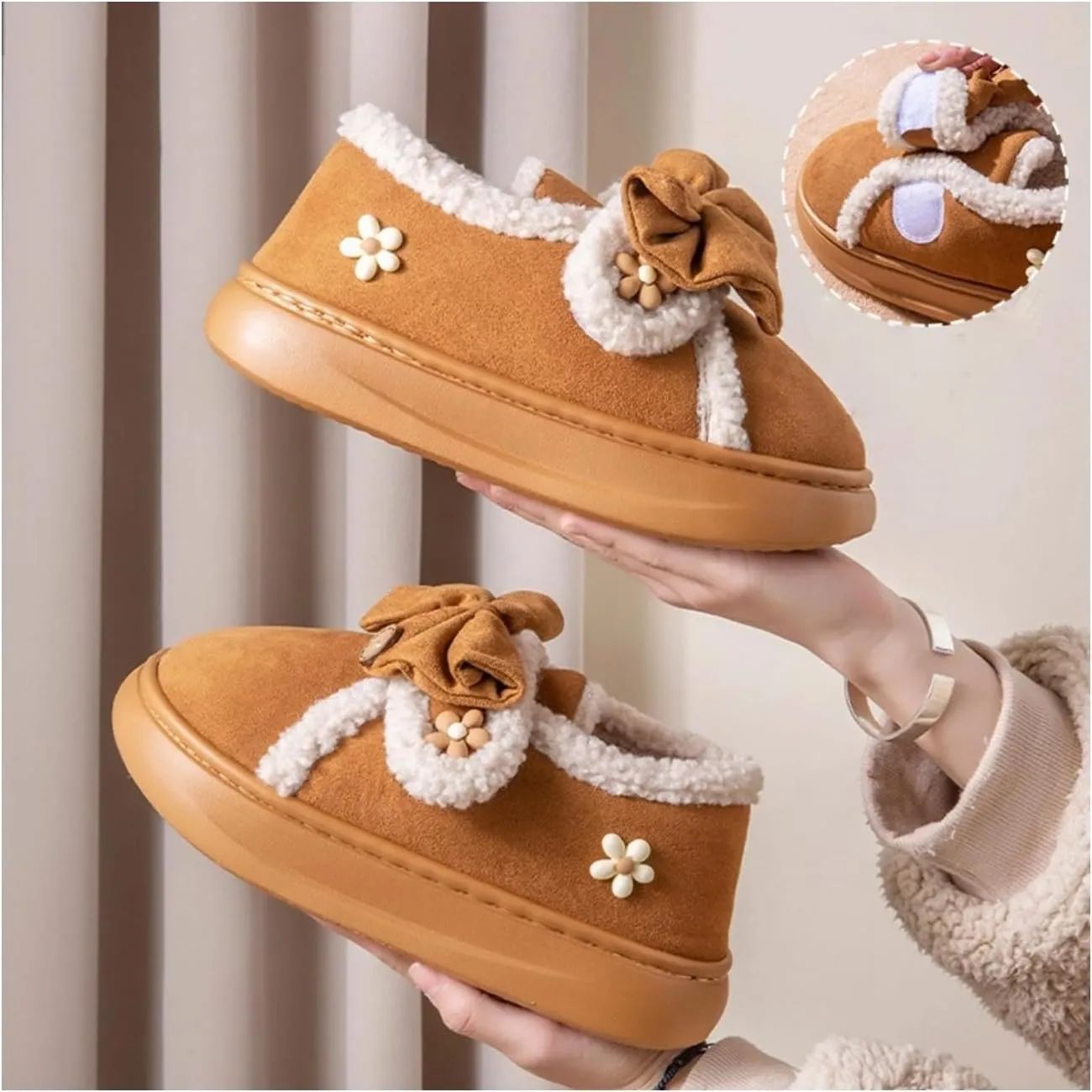 Women Flower Bow Hook and Loop Slippers Cotton Warm Plush Lined Furry Easy Non-Slip Walking Shoes Cozy Indoor Outdoor