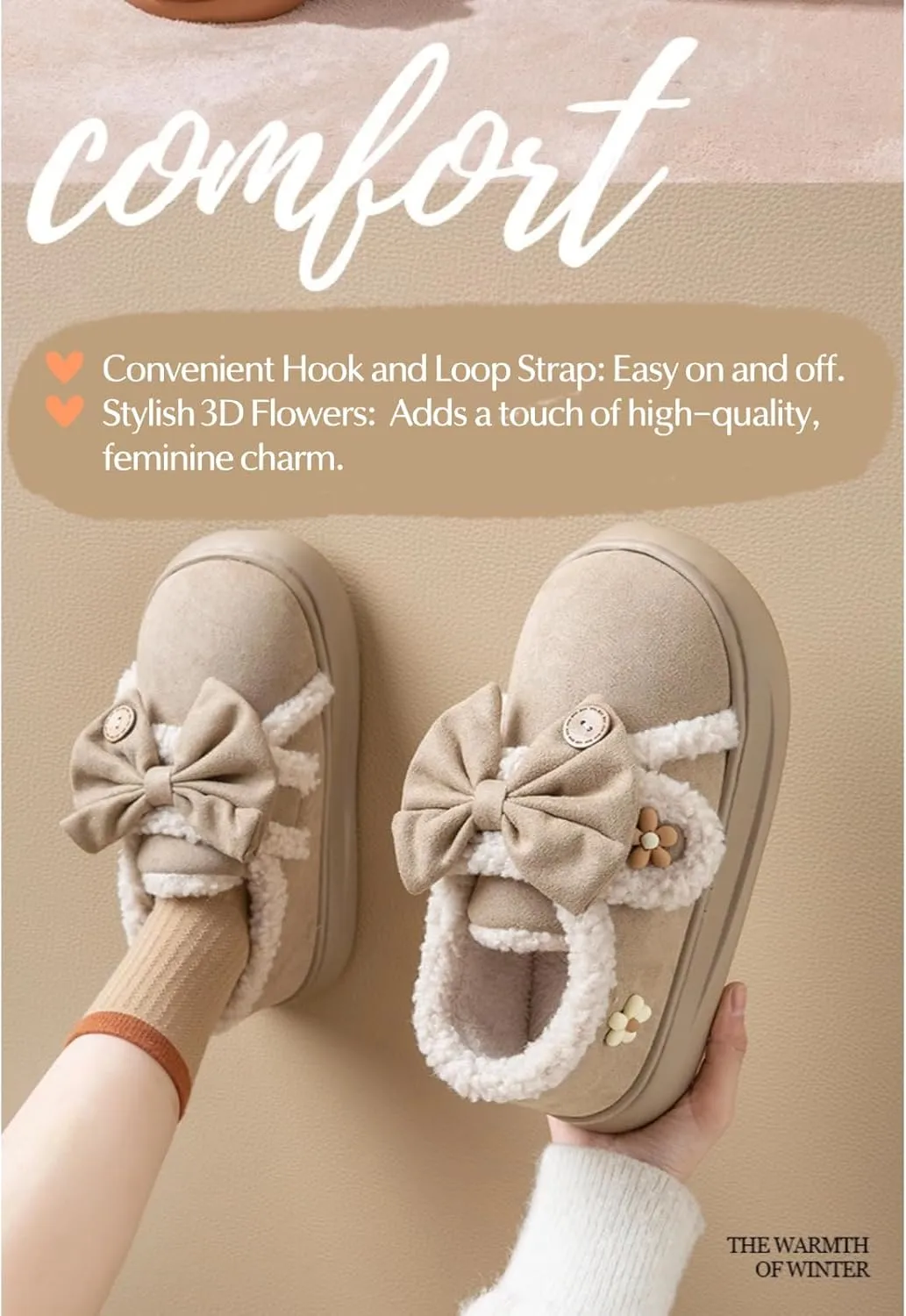 Women Flower Bow Hook and Loop Slippers Cotton Warm Plush Lined Furry Easy Non-Slip Walking Shoes Cozy Indoor Outdoor
