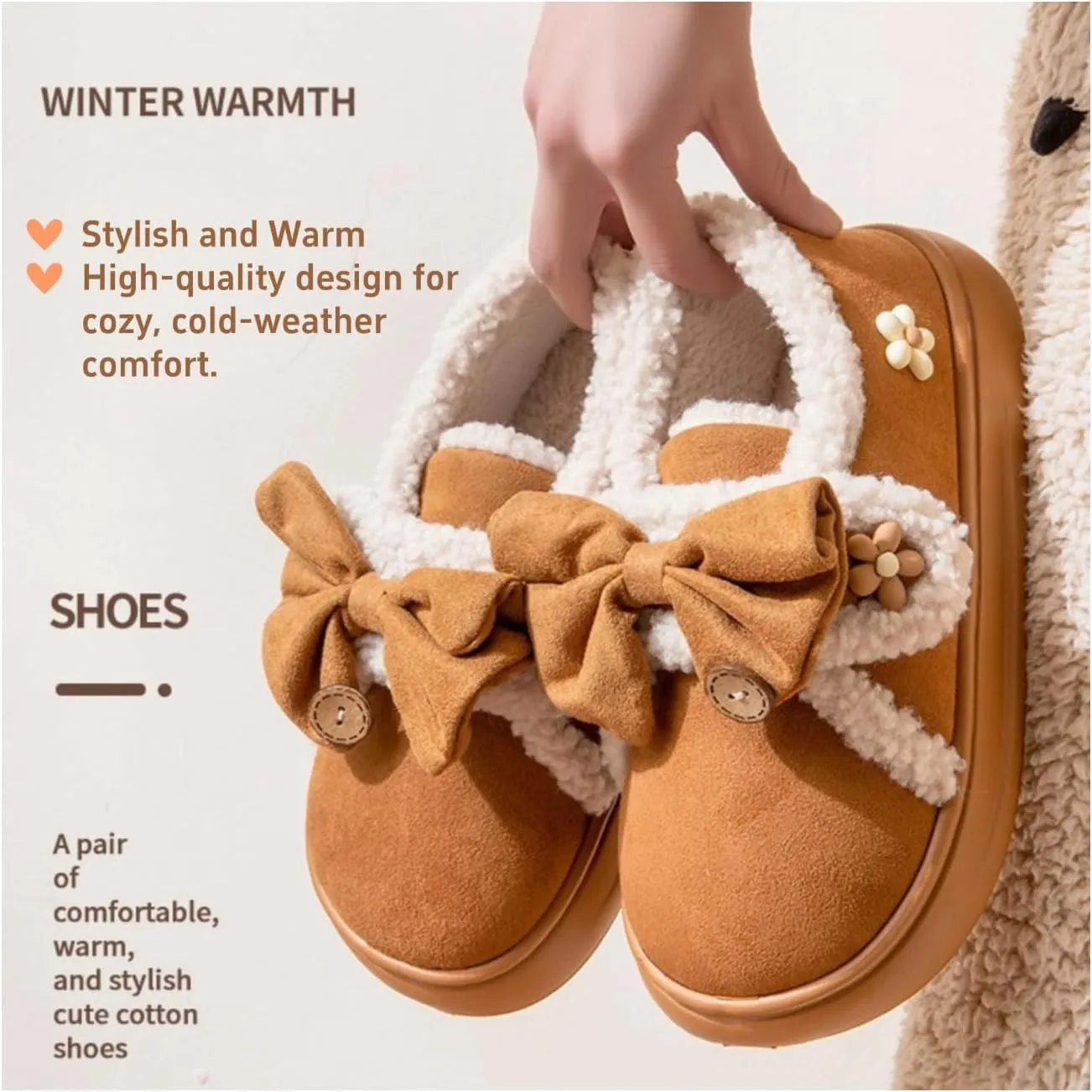 Women Flower Bow Hook and Loop Slippers Cotton Warm Plush Lined Furry Easy Non-Slip Walking Shoes Cozy Indoor Outdoor
