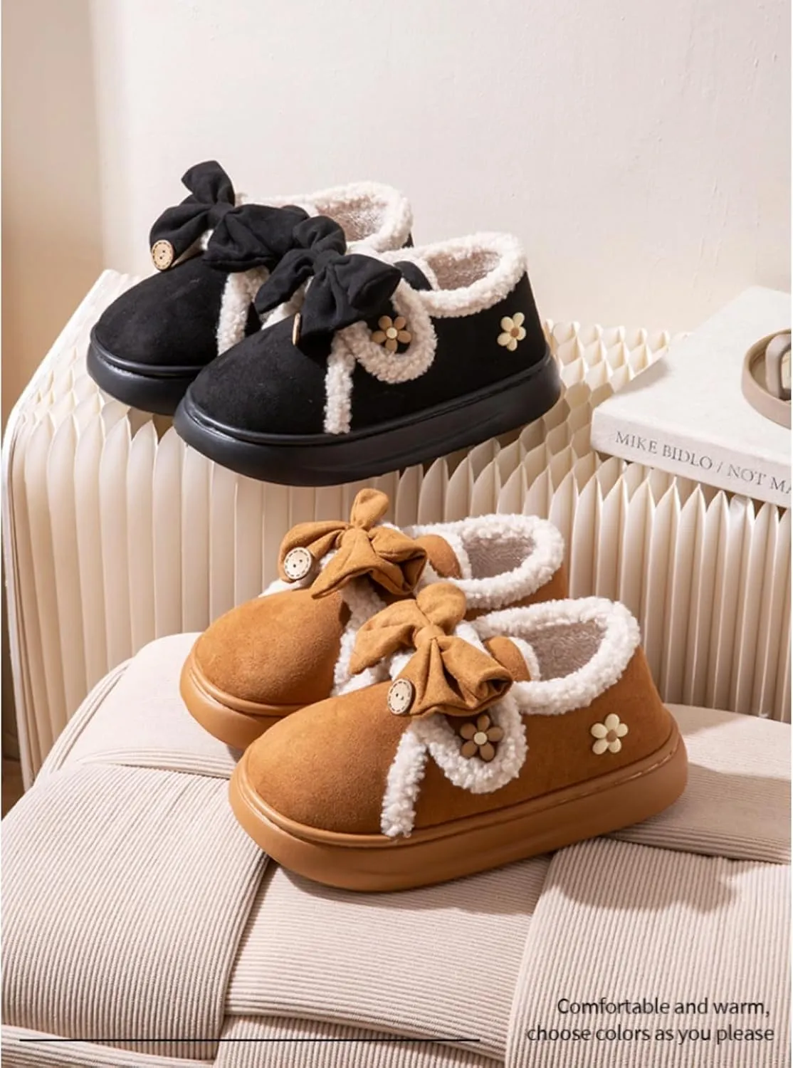 Women Flower Bow Hook and Loop Slippers Cotton Warm Plush Lined Furry Easy Non-Slip Walking Shoes Cozy Indoor Outdoor