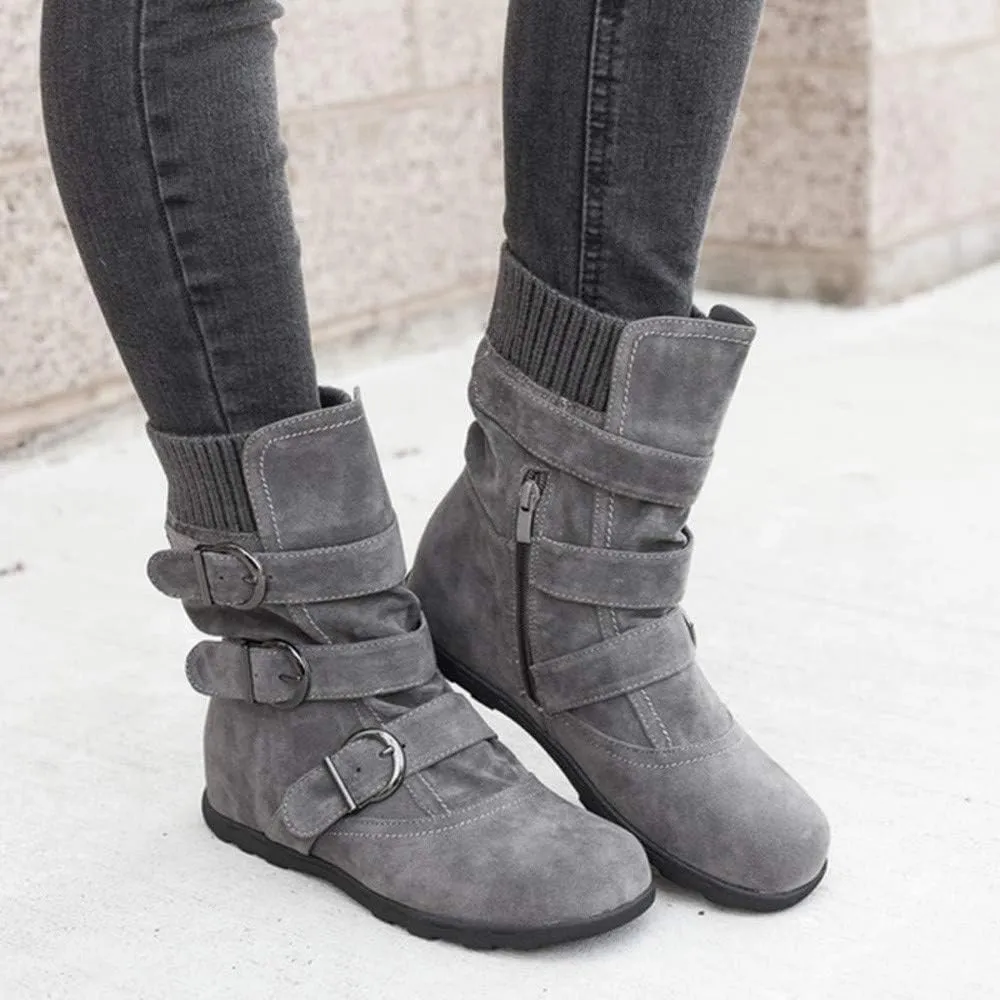 Women Round Toe Zipper Flat Color Buckle Strap Keep Warm Snow Boots Shoe Insoles Heel