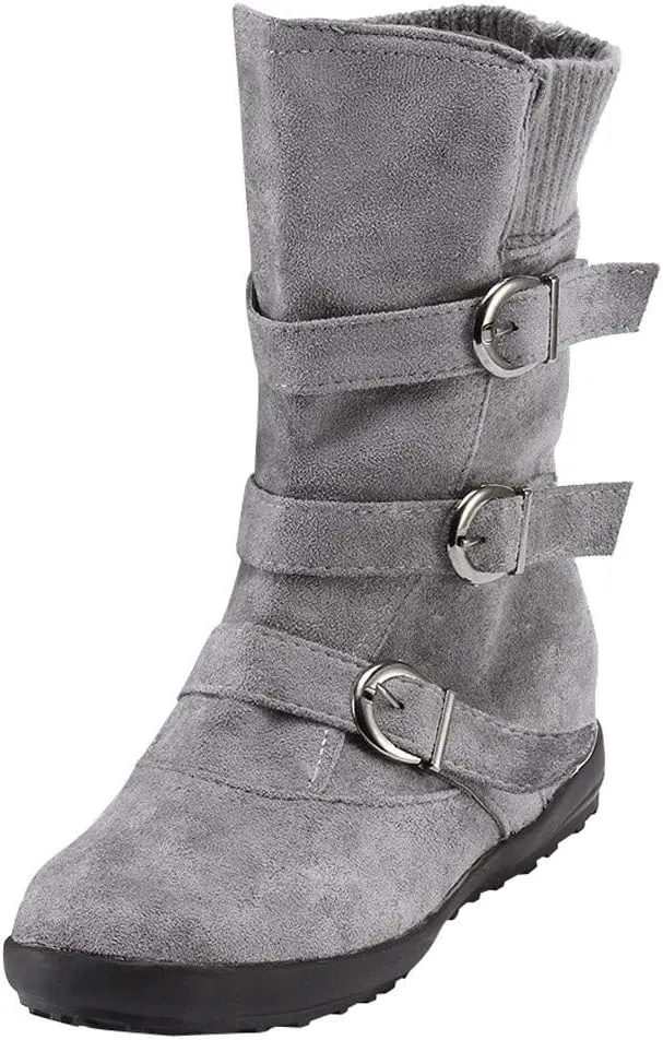 Women Round Toe Zipper Flat Color Buckle Strap Keep Warm Snow Boots Shoe Insoles Heel