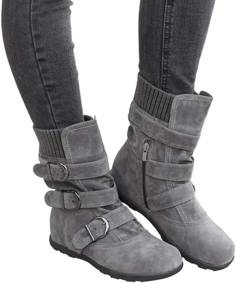 Women Round Toe Zipper Flat Color Buckle Strap Keep Warm Snow Boots Shoe Insoles Heel