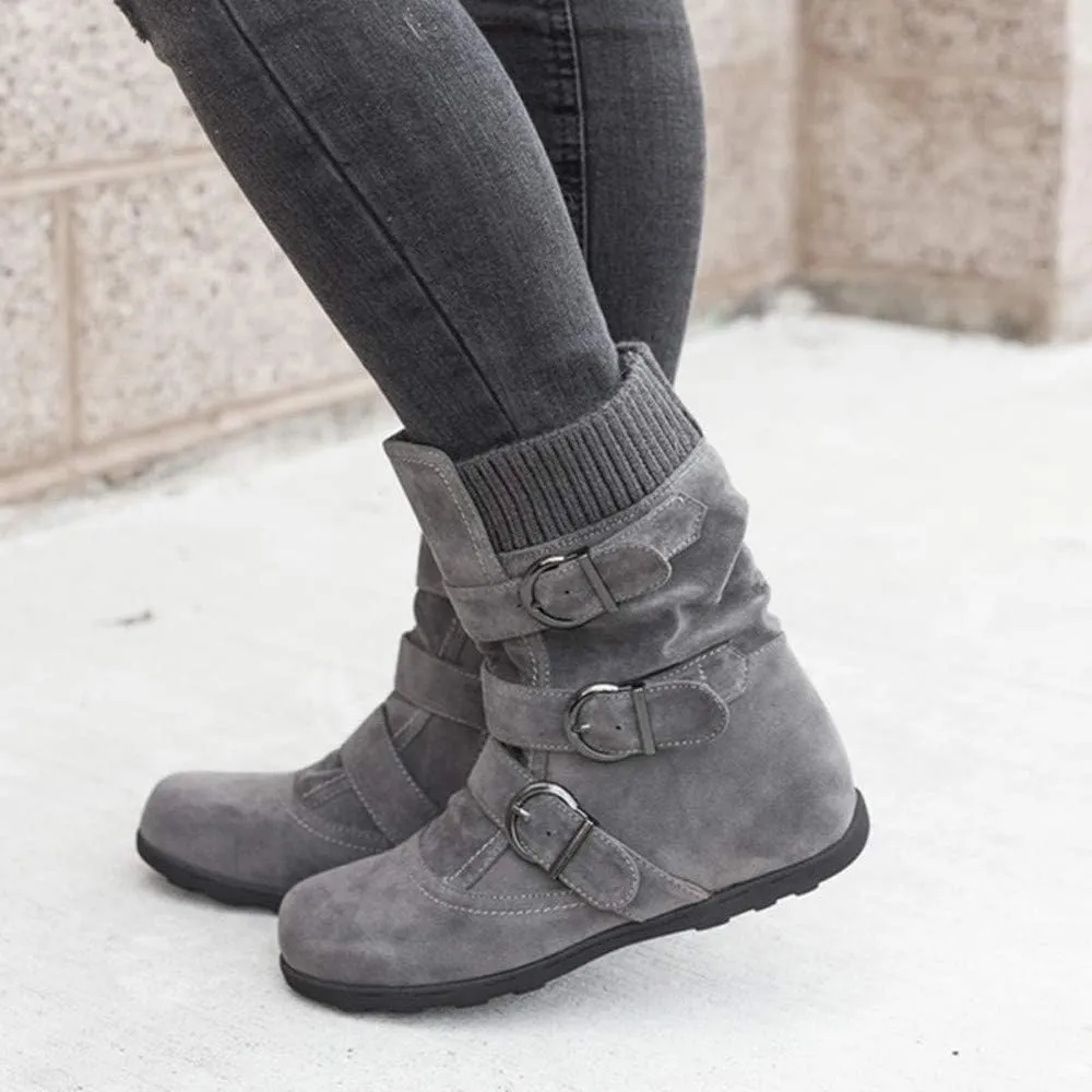 Women Round Toe Zipper Flat Color Buckle Strap Keep Warm Snow Boots Shoe Insoles Heel