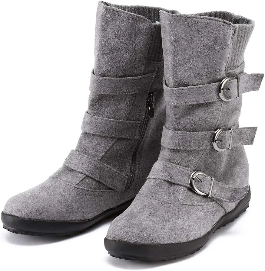 Women Round Toe Zipper Flat Color Buckle Strap Keep Warm Snow Boots Shoe Insoles Heel