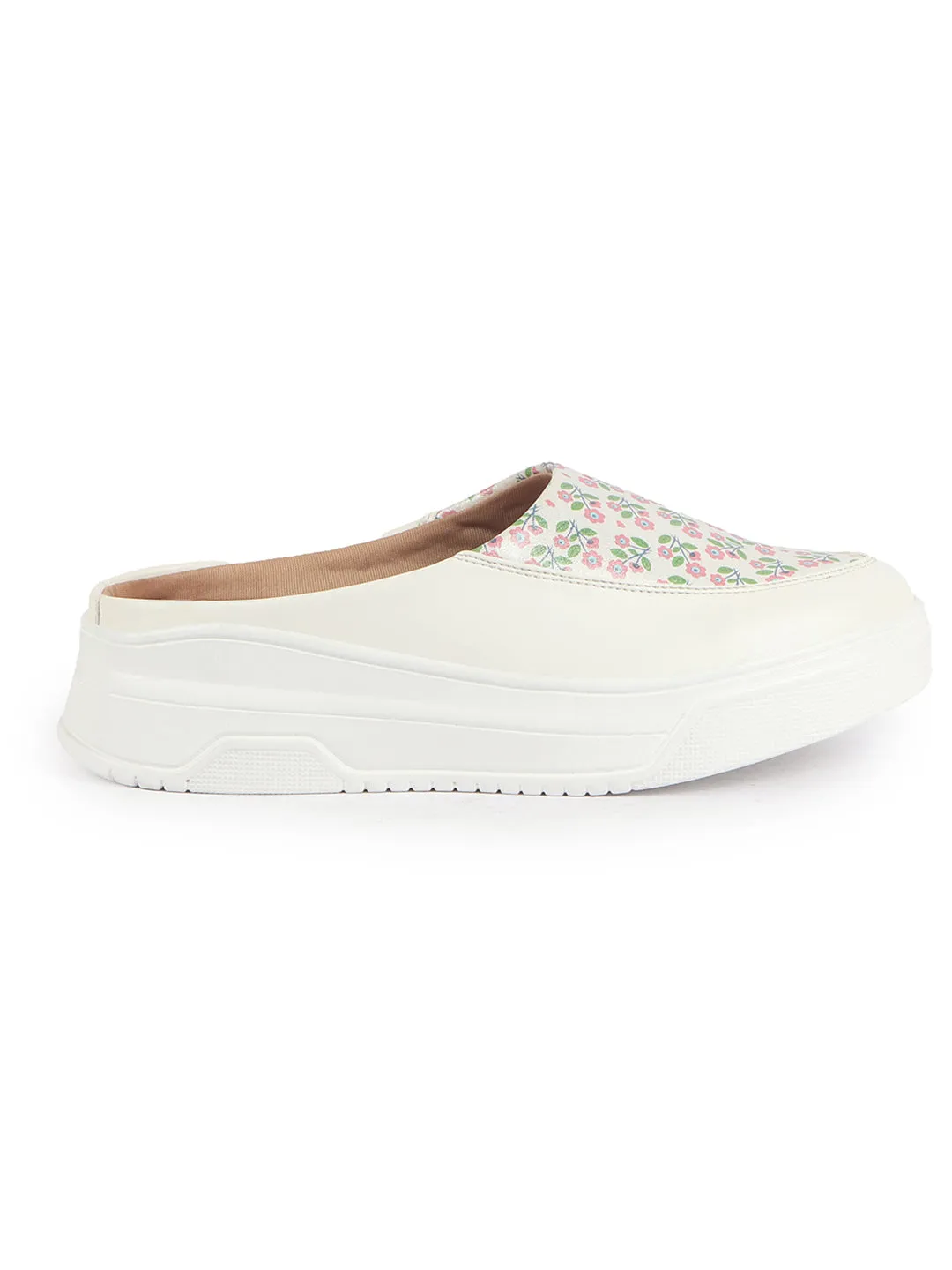 Women White Stiched Floral Print Back Open Height Enhancer Flatform Heel Slip On Casual Shoes
