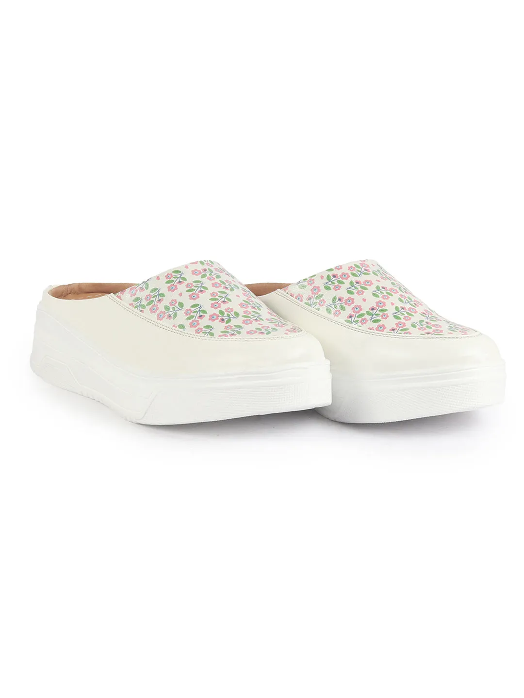 Women White Stiched Floral Print Back Open Height Enhancer Flatform Heel Slip On Casual Shoes