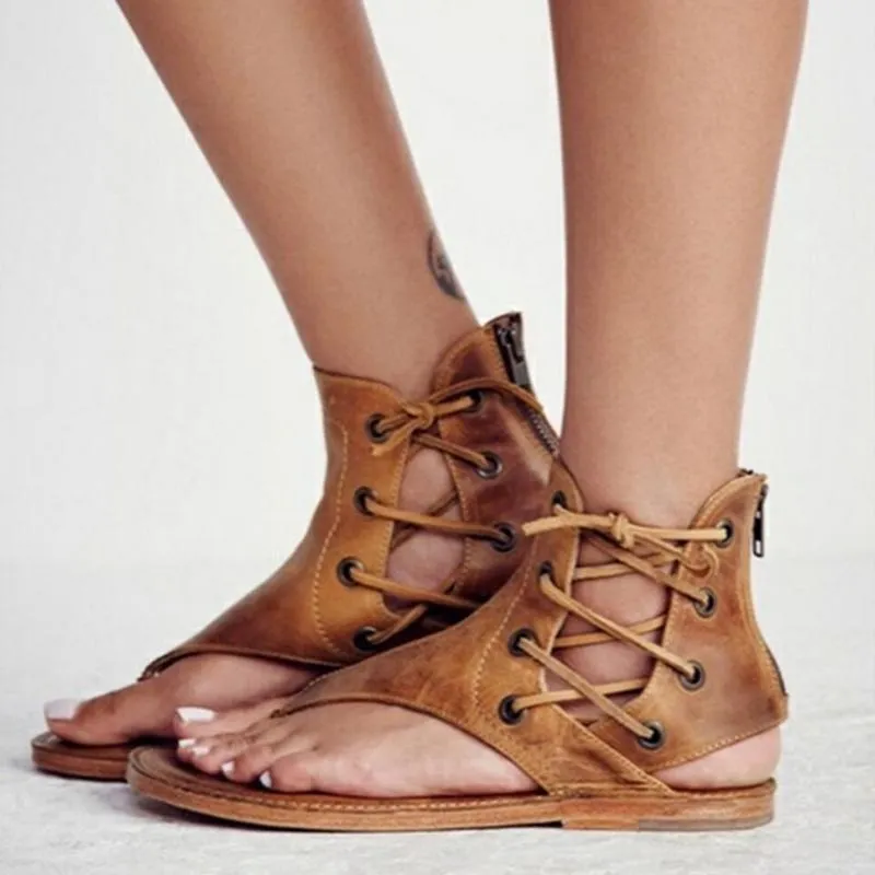 Women/Men Side Strap Back Zipper Flat Leather Sandals