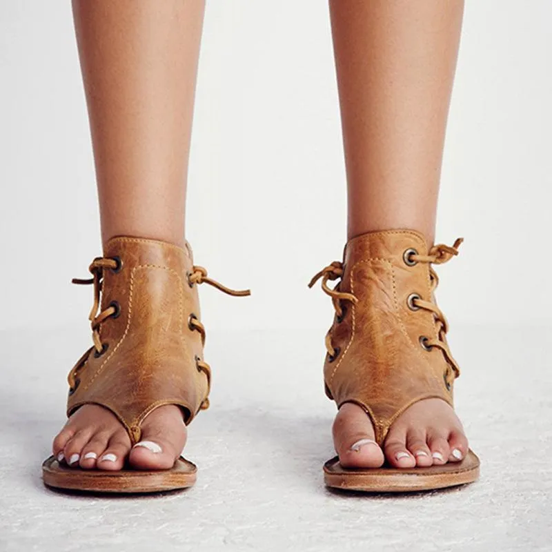 Women/Men Side Strap Back Zipper Flat Leather Sandals