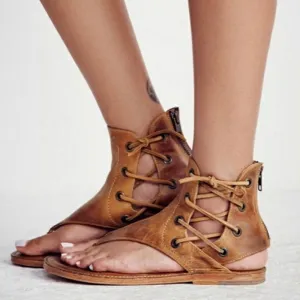 Women/Men Side Strap Back Zipper Flat Leather Sandals