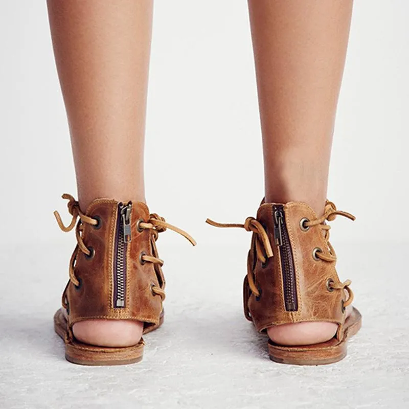 Women/Men Side Strap Back Zipper Flat Leather Sandals