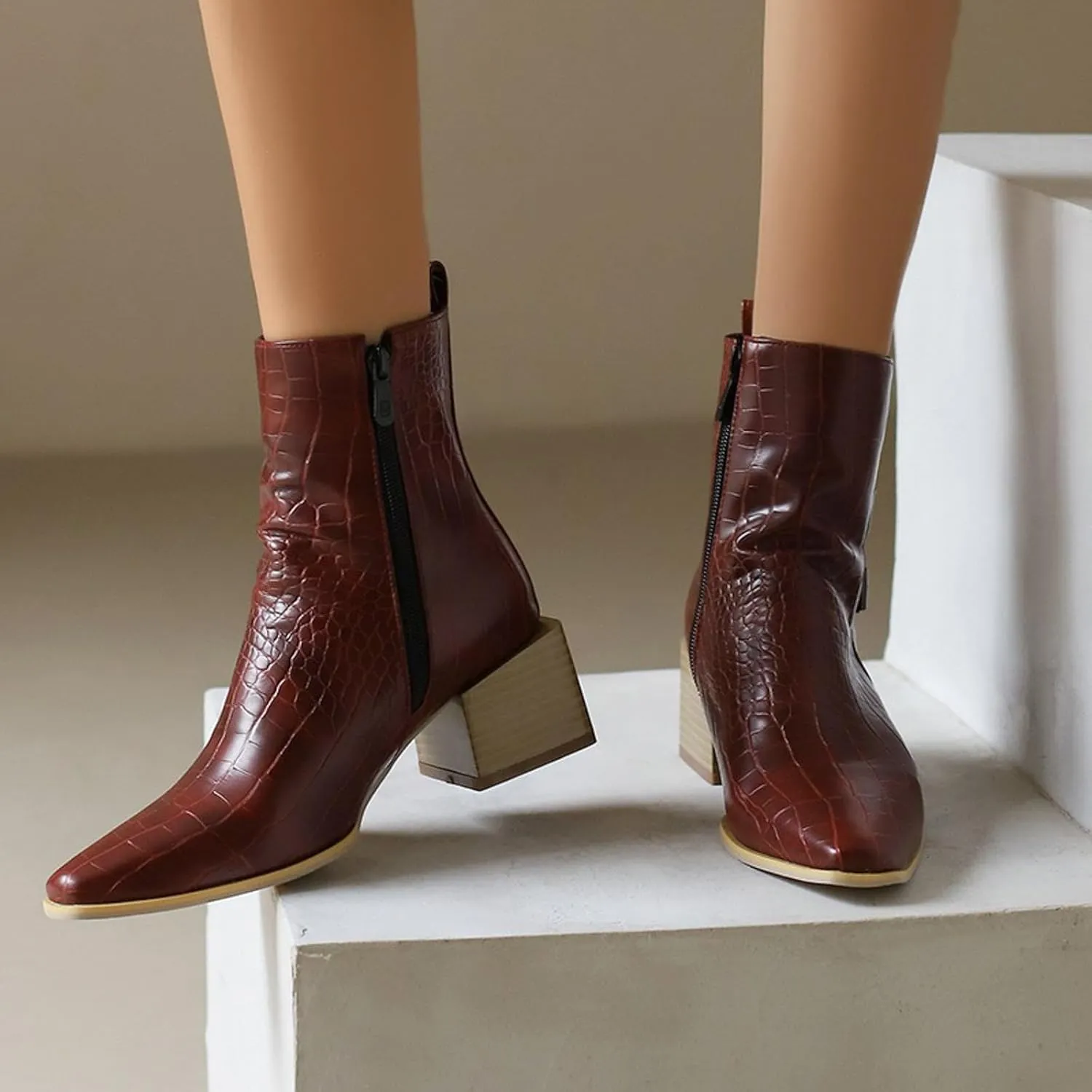 Womens Ankle Boots Buckle Straps Casual Trendy Boots for Women Pointed Toe Chunky Heel Outdoor Women Boots