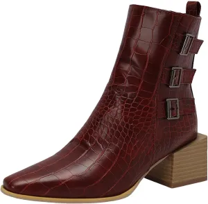 Womens Ankle Boots Buckle Straps Casual Trendy Boots for Women Pointed Toe Chunky Heel Outdoor Women Boots