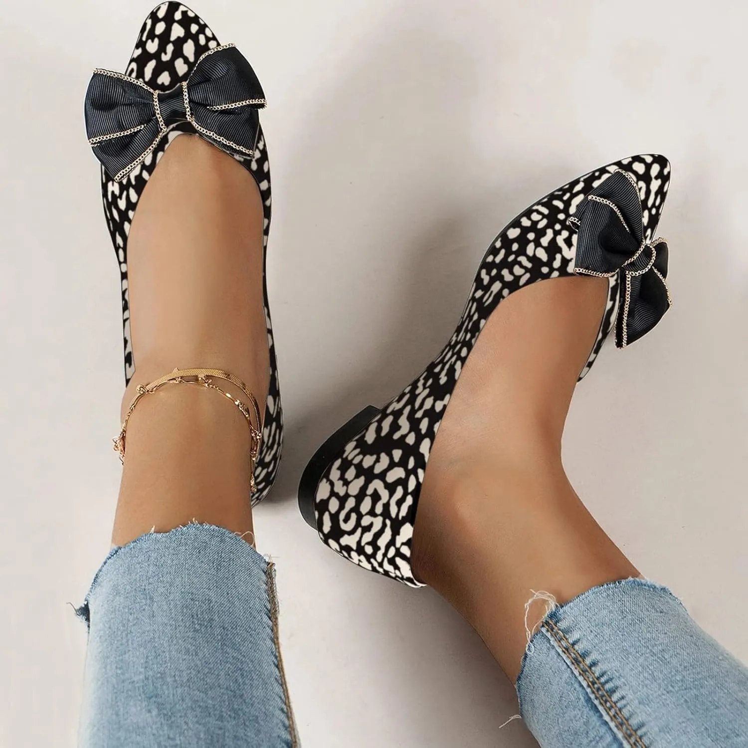 Womens Ballet Flat Shoes for Women Leopard Bow Womens Comfortable Slip On Classic Dressy Casual Leopard Shoes Women Pointed Toe Flats Knit