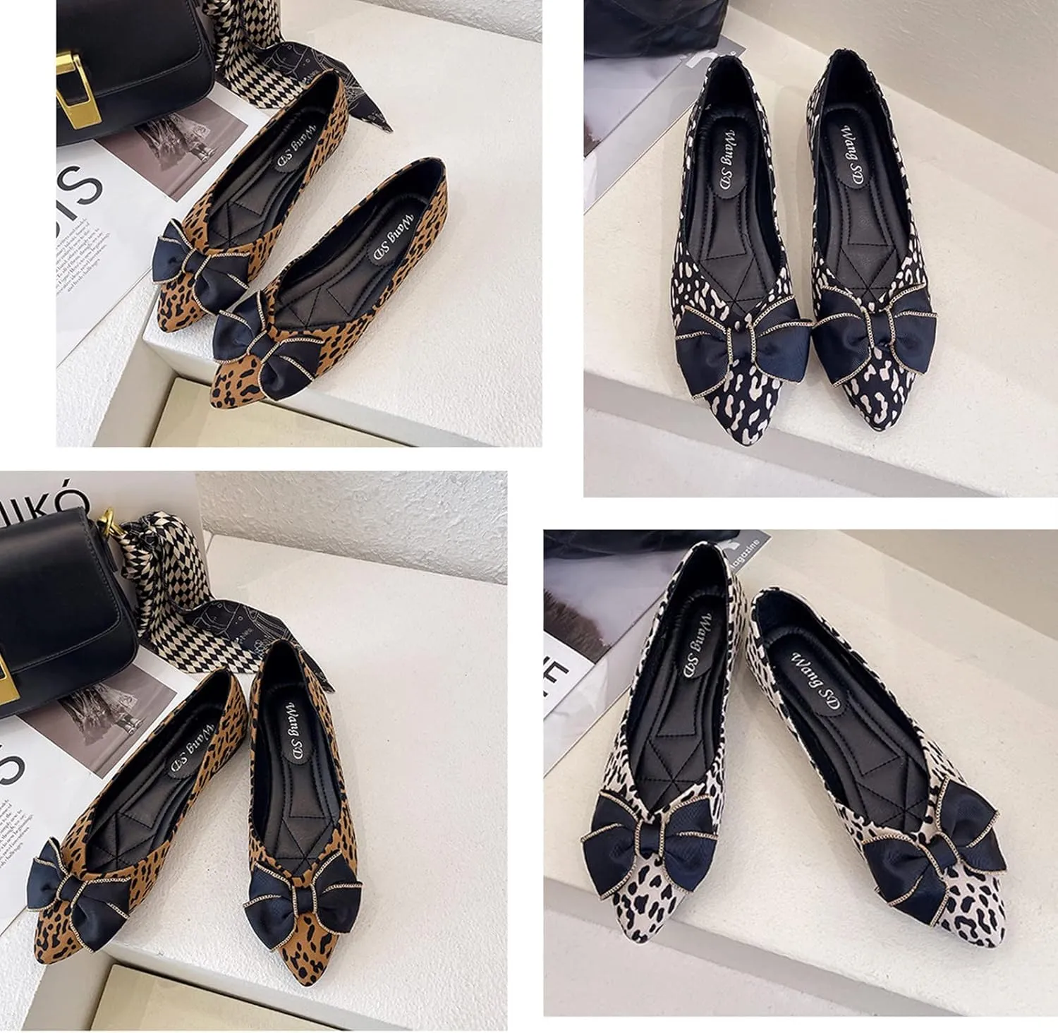 Womens Ballet Flat Shoes for Women Leopard Bow Womens Comfortable Slip On Classic Dressy Casual Leopard Shoes Women Pointed Toe Flats Knit